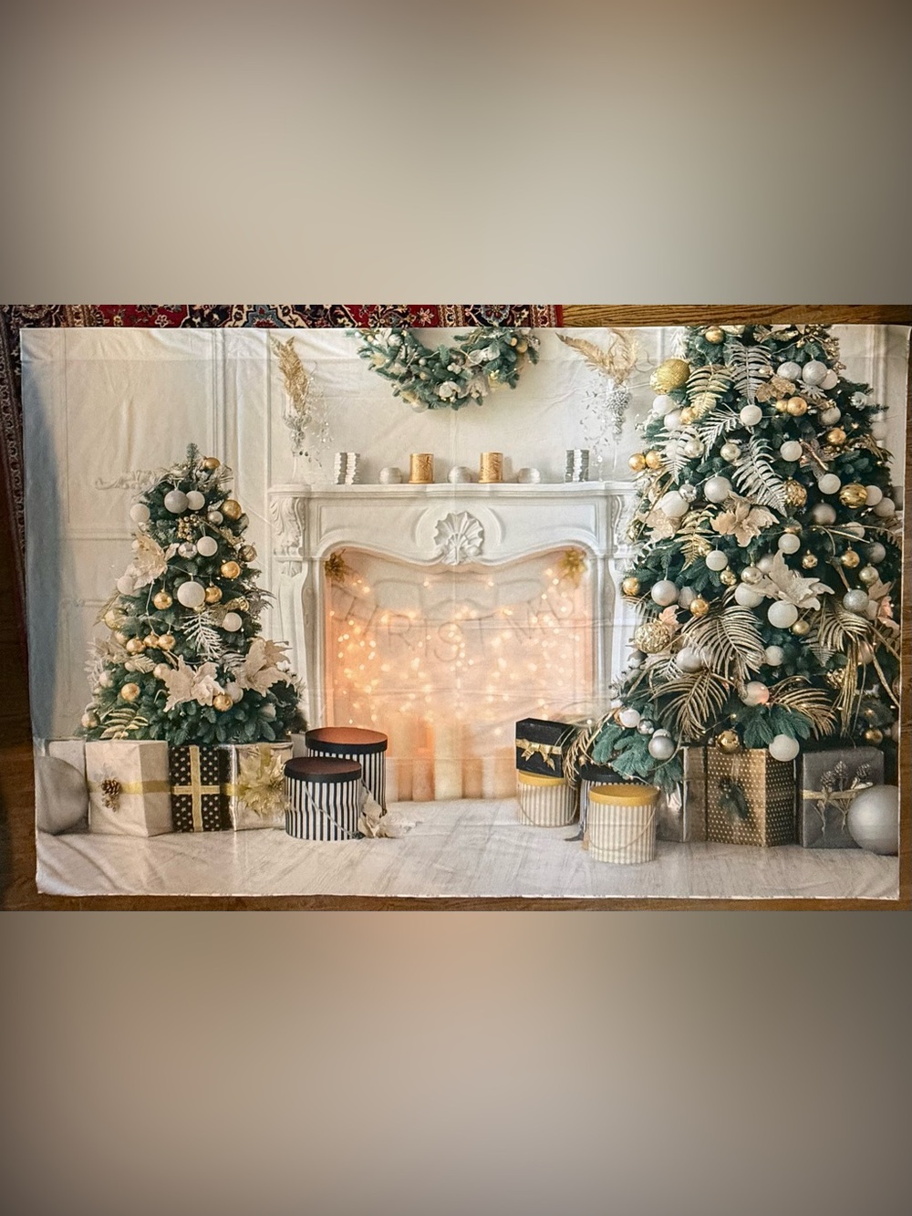 Kate Backdrop Christmas White Room Green and Gold 10’x6.5’